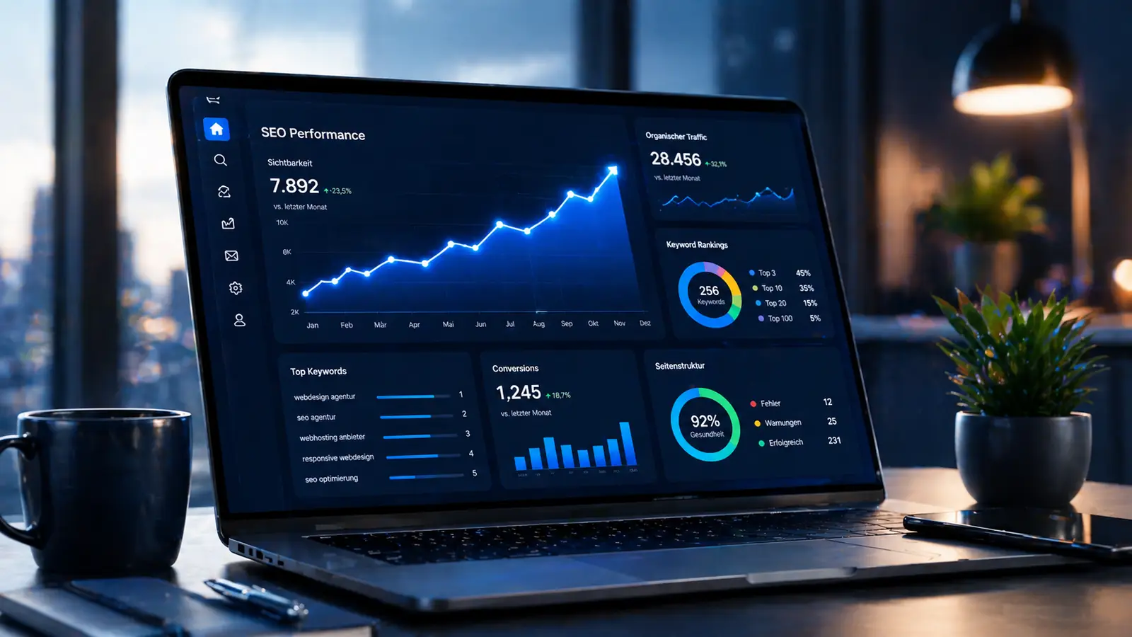 SEO Dashboard mit steigenden Rankings und Analysewerten